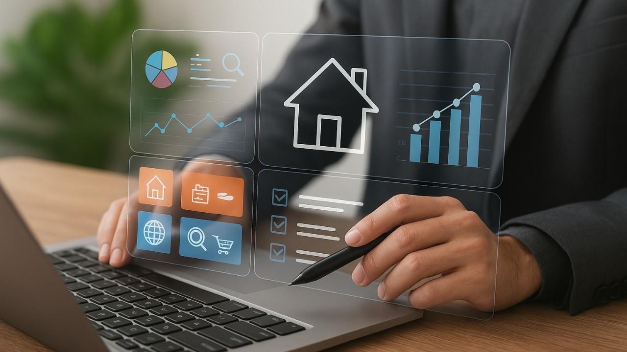 Laptop with checklist and analytics icons showing key features of transaction management software