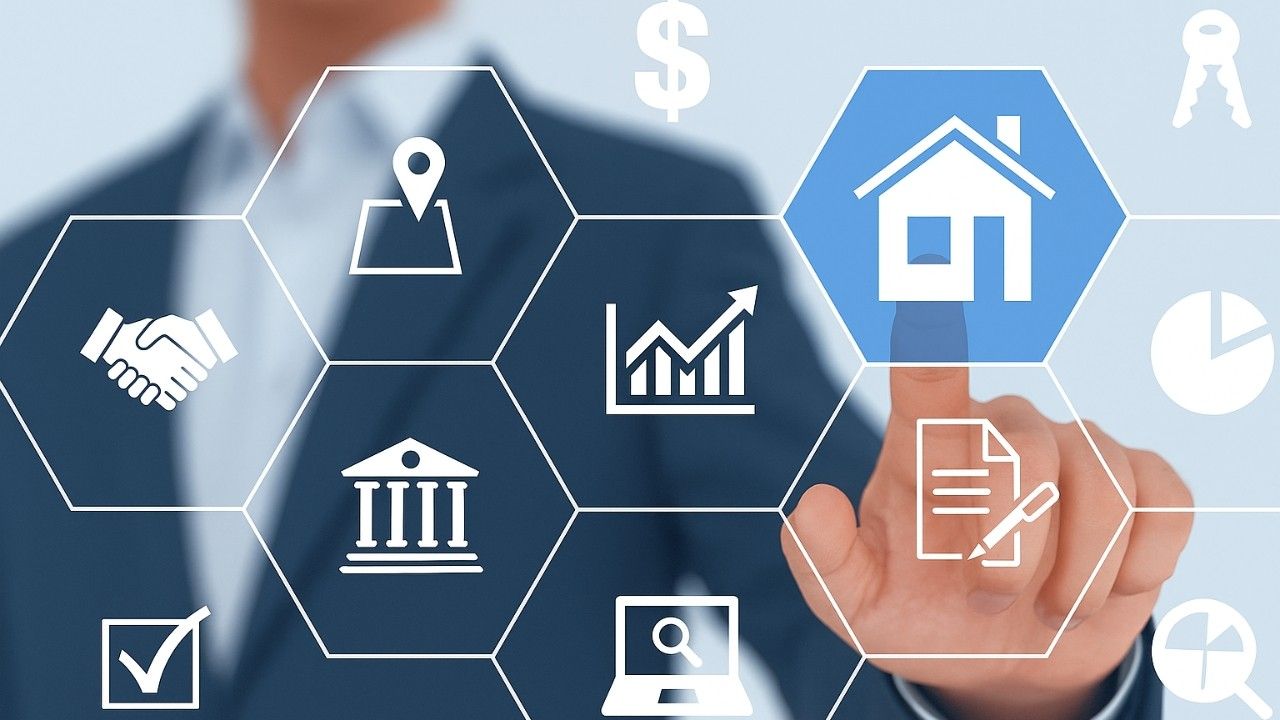 Hand picking icons symbolizing comparison of real estate tracking software options and features