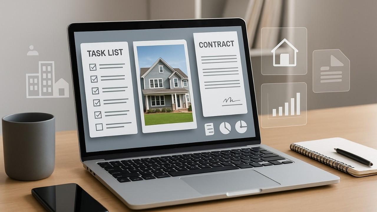 Laptop showing essential features of real estate deal management software to simplify real estate transactions