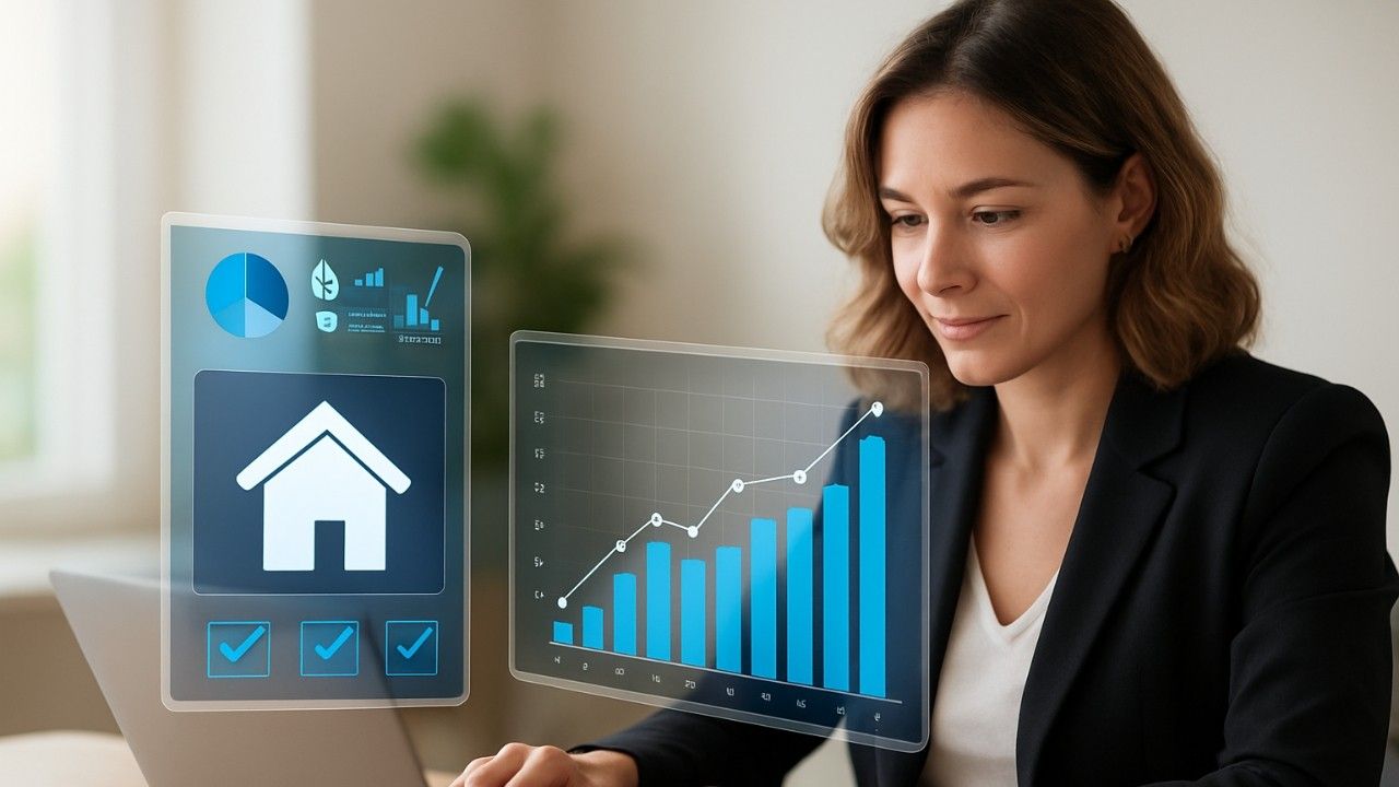 Realtor on laptop with growth and analytics icons, showing scalable deal management software