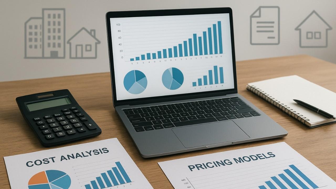 Laptop illustrating cost analytics and pricing model of a real estate deal tracking tool
