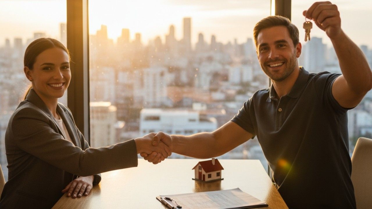 Real estate agent and client shaking hands, symbolizing a successful closing achieved with a transaction checklist