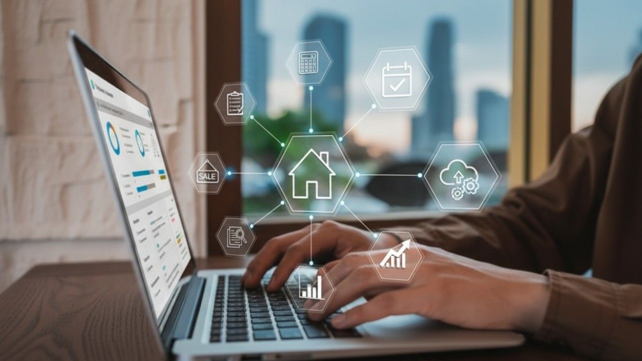 Agent working on a laptop with an icon overlay symbolizing features of the best real estate transaction management software