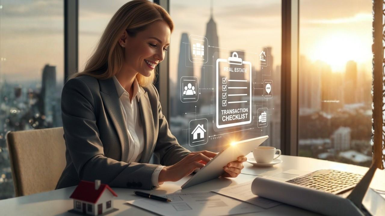 A real estate agent working on tablet with smile and checklist icon which shows real estate transaction checklist importance