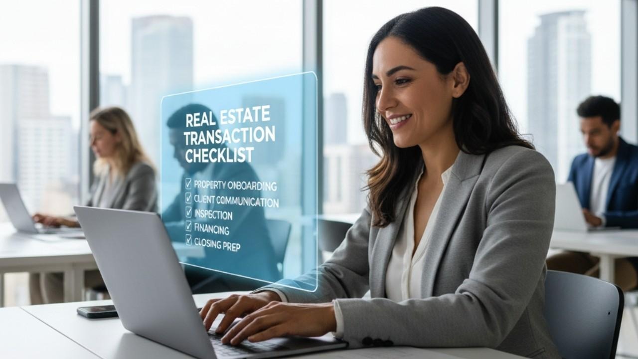 Smiling real estate agent working on a laptop, with a checklist icon showing a successful, tailored checklist creation