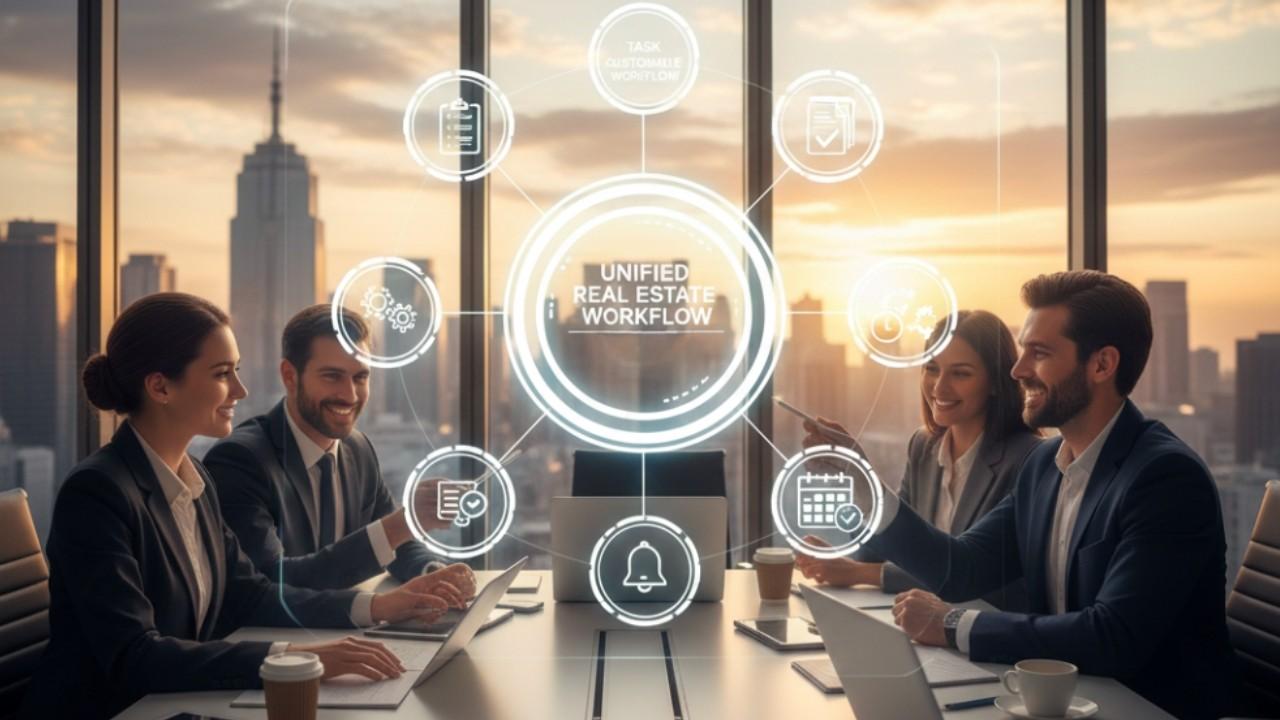 Real Estate team discussing about their workflow, icon shows the unified workflow of Deal and transaction management software