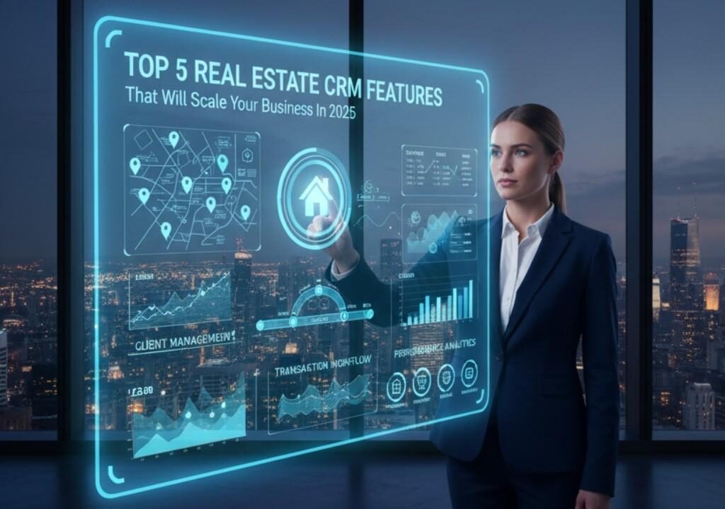 Agent using a CRM dashboard displaying top features and key performance indicators for scaling real estate business in 2026