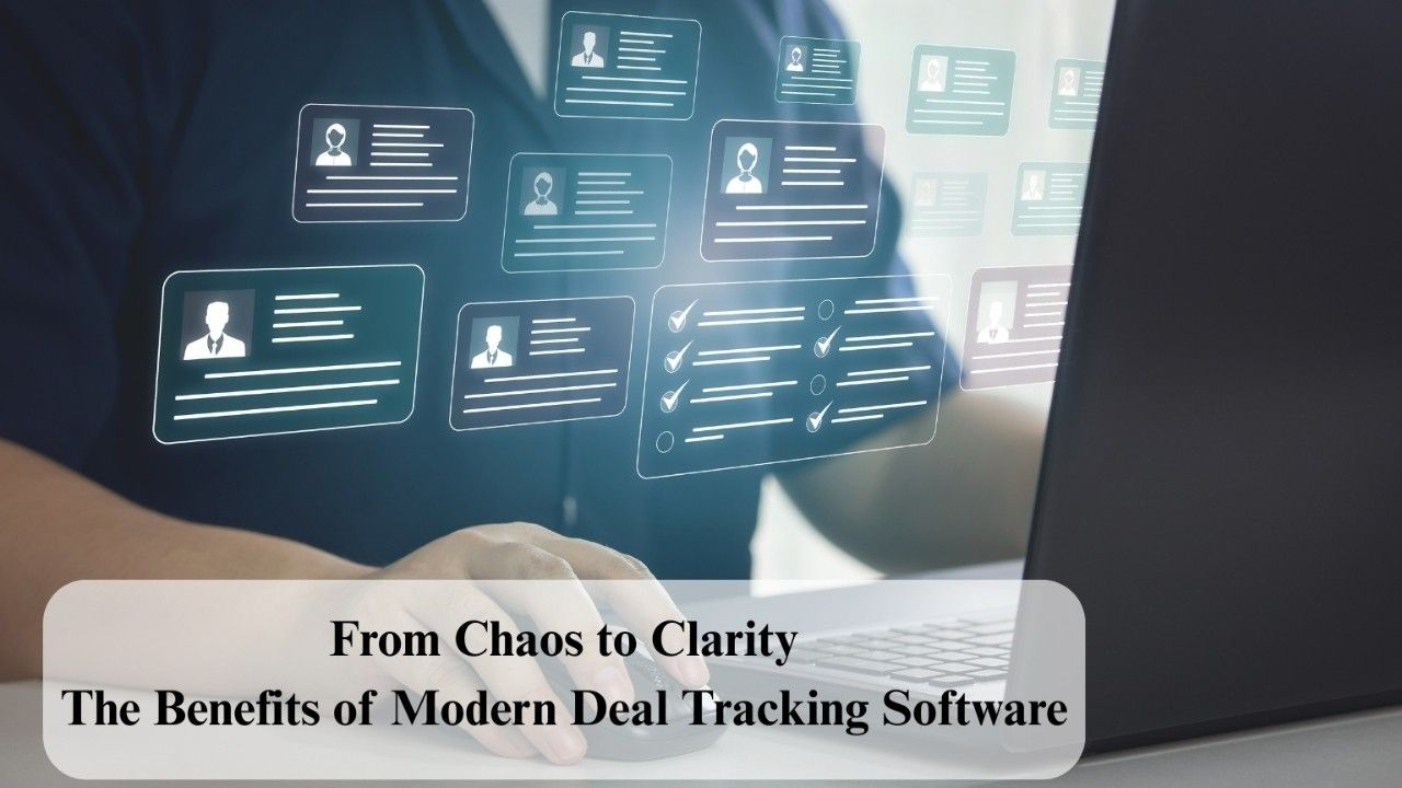 Agent working on a laptop with holographic cards showing contact records and task checklists for deal tracking clarity