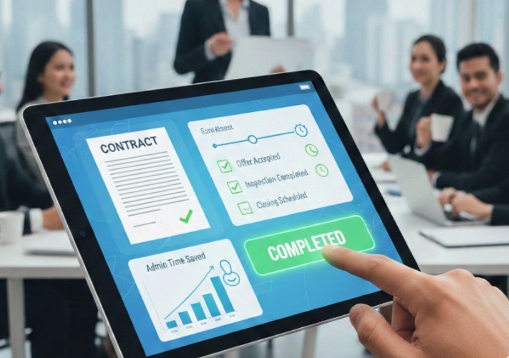 Real estate agent using a tablet to manage automatic real estate transactions and closing milestones