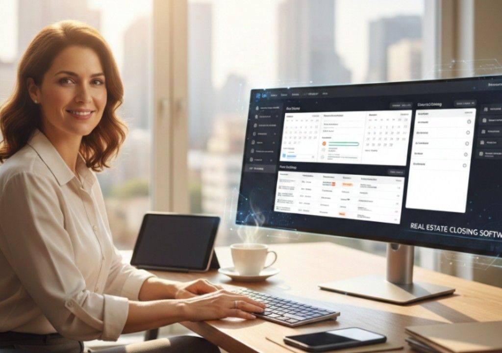 Professional real estate agent using real estate closing software to manage multiple closings at once from a modern office