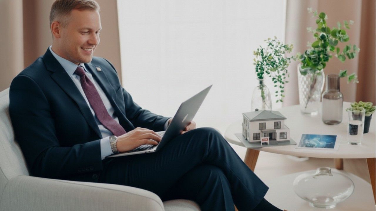 Professional agent feeling organized and stress-free while using best real estate closing software on his laptop to monitor deal timelines