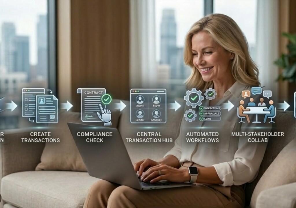 A real estate agent using real estate contract management software with a digital overlay showing an automated contract-to-close workflow
