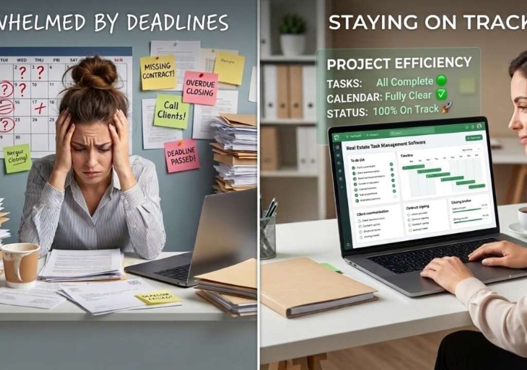 Stressed agent overwhelmed by deadlines vs productive agent using real estate task management software for tracking