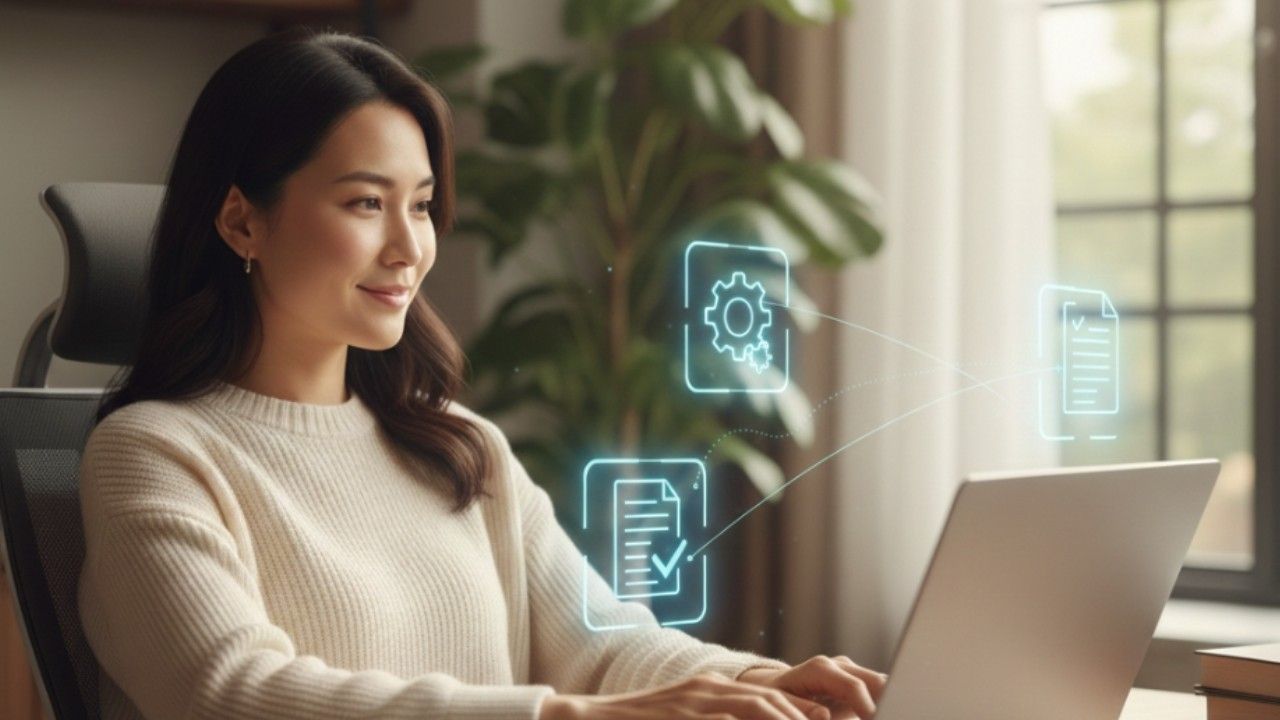 Real estate agent working on a laptop with digital icons showing automatic real estate document management and task workflows