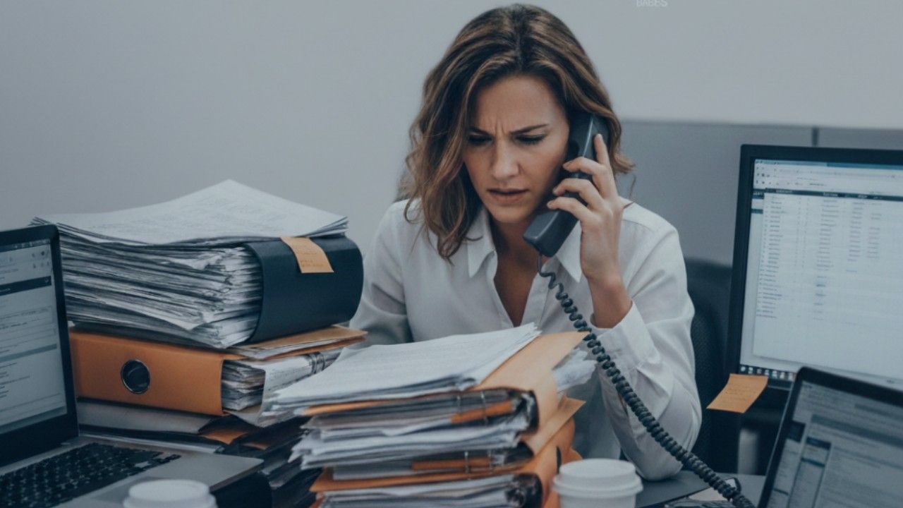 Stressed TC overwhelmed by paperwork, showing why real estate transaction management software is vital for high volume