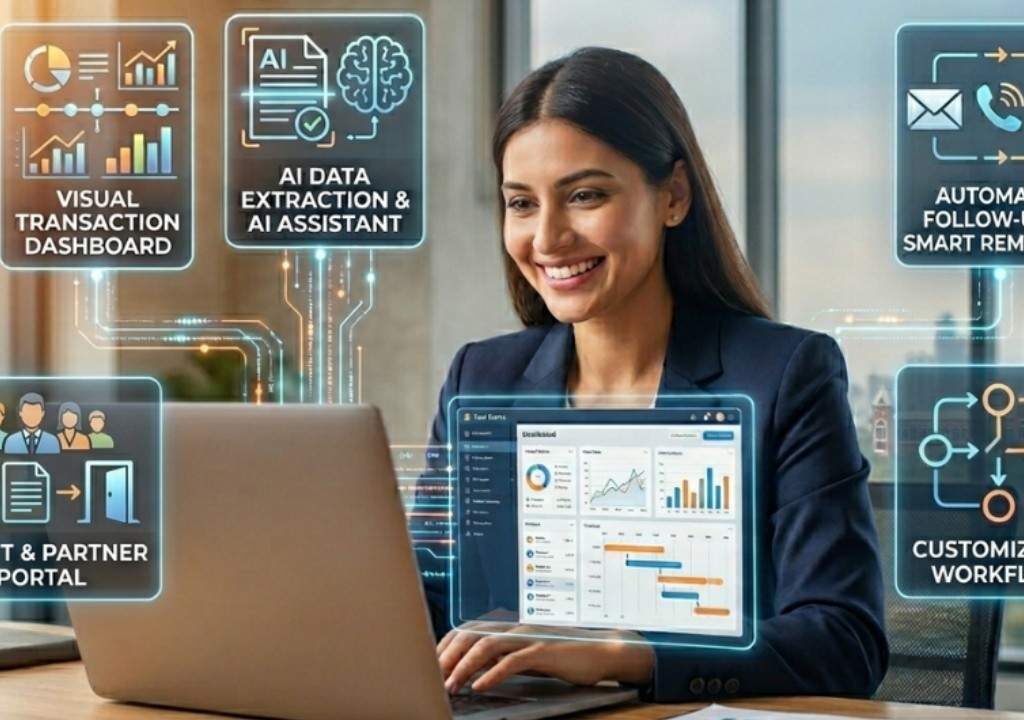 Professional agent using real estate software solutions with an overlay highlighting 5 essential features for 2026