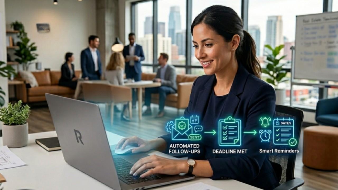 Agent using real estate software solutions featuring automated follow-ups and reminders for transaction deadlines