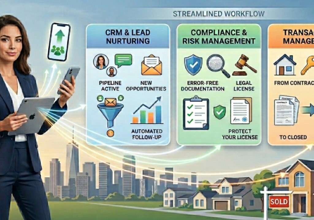 Diagram showing how the best real estate software streamlines workflow by connecting CRM, compliance, and transactions