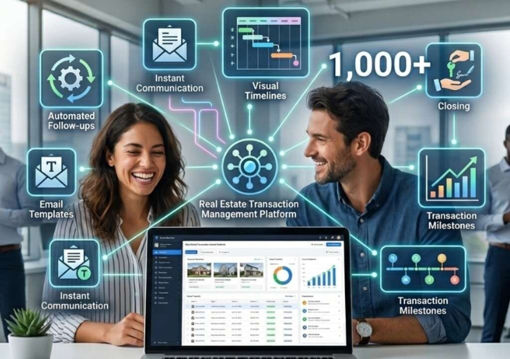 Happy real estate team scaling to 1,000+ closings in 2026 using an automated Real Estate Transaction Management Platform