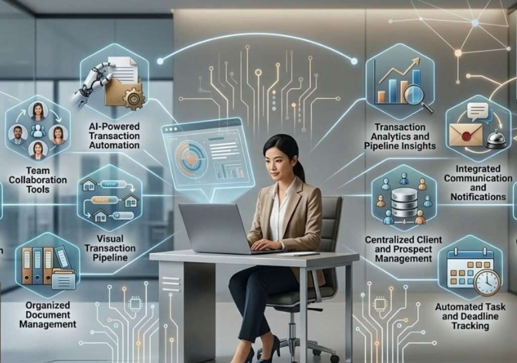 Agent working on laptop with overlay icons showing 10 must-have features of real estate client management software