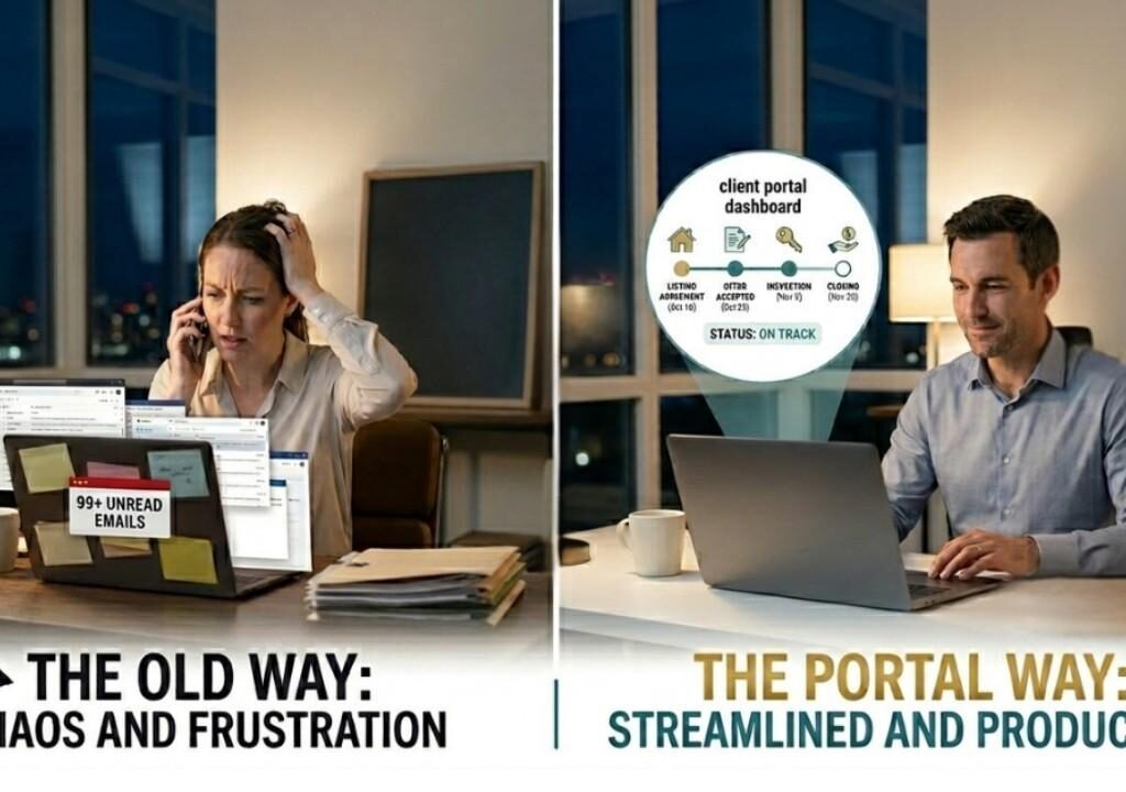 Frustrated agent with manual follow-ups vs. productive agent using a real estate client portal dashboard