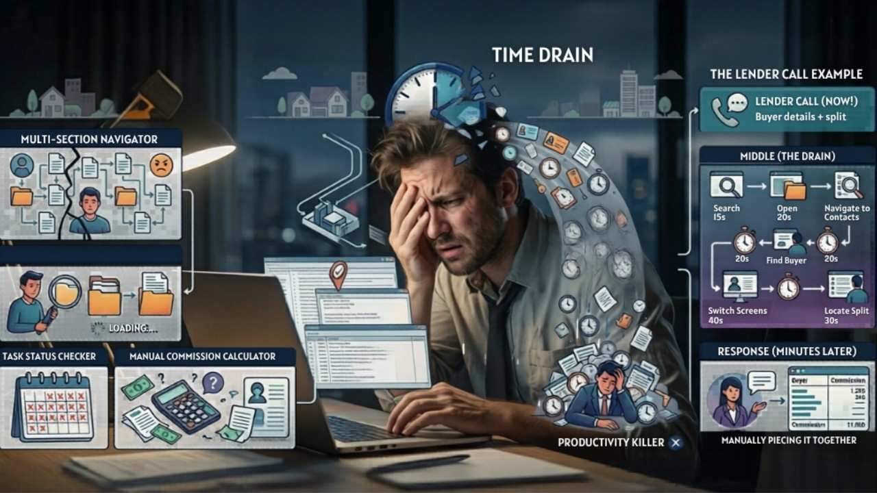 Frustrated real estate agent overwhelmed by manual time-consuming workflows without the Multi-Agent AI in transaction management
