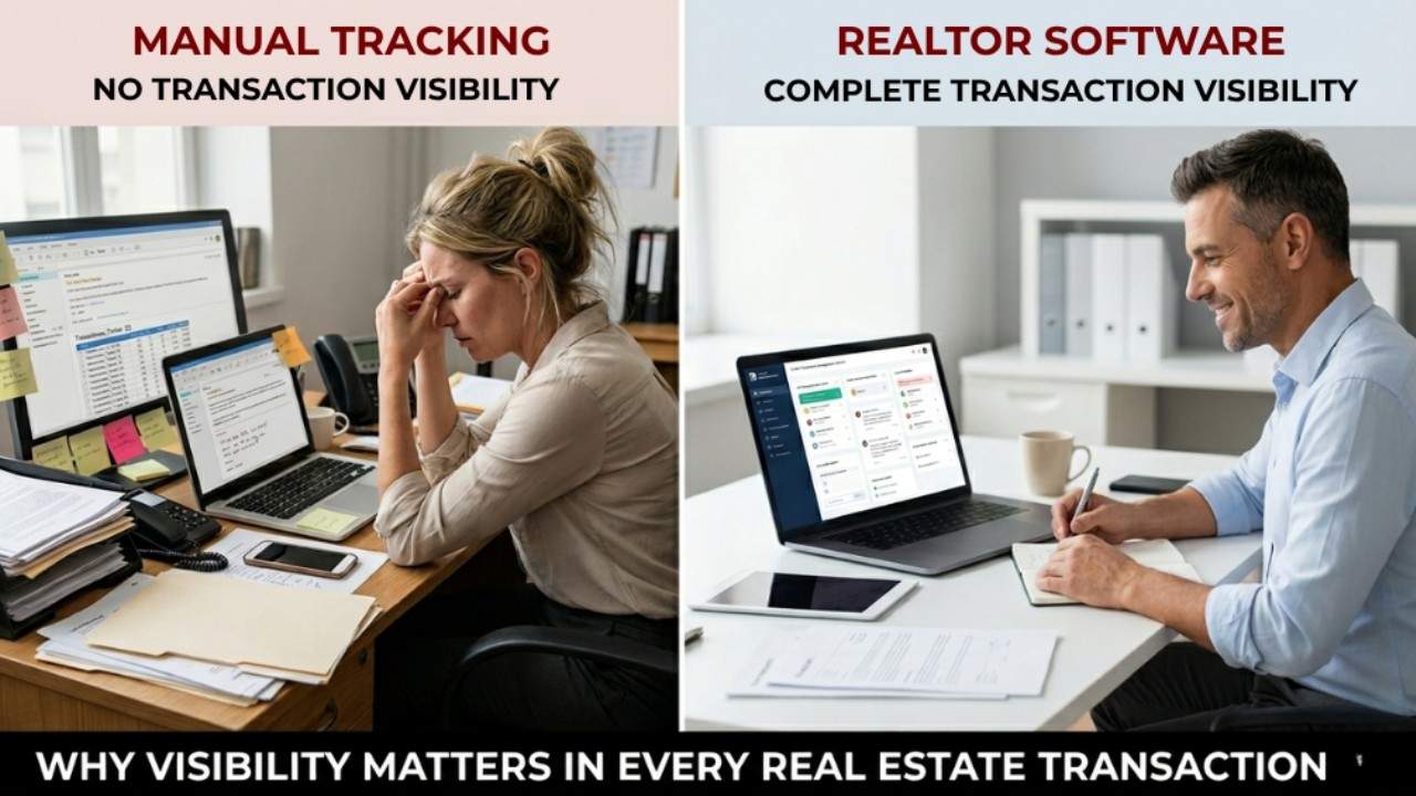 Comparison of a stressed agent using manual tracking vs a productive agent using realtor software for transaction visibility