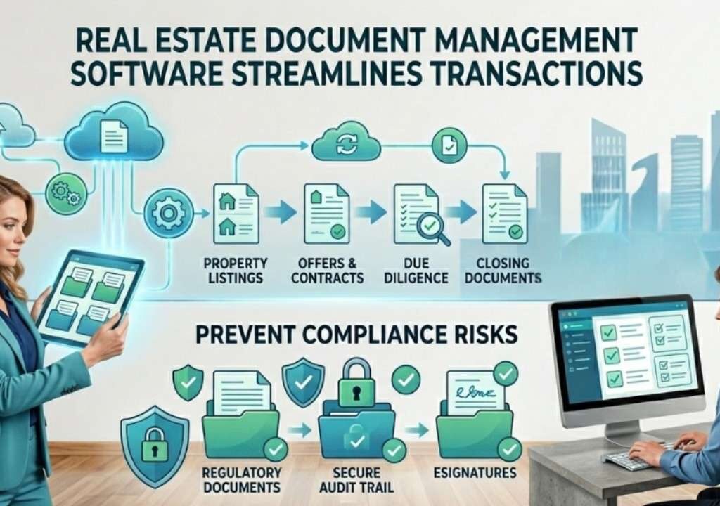 Infographic highlighting real estate document management software streamlining transactions and preventing compliance risks