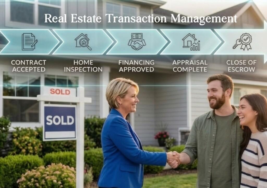 Agent shaking hands with happy clients and icons to manage real estate transactions effectively from contract to close