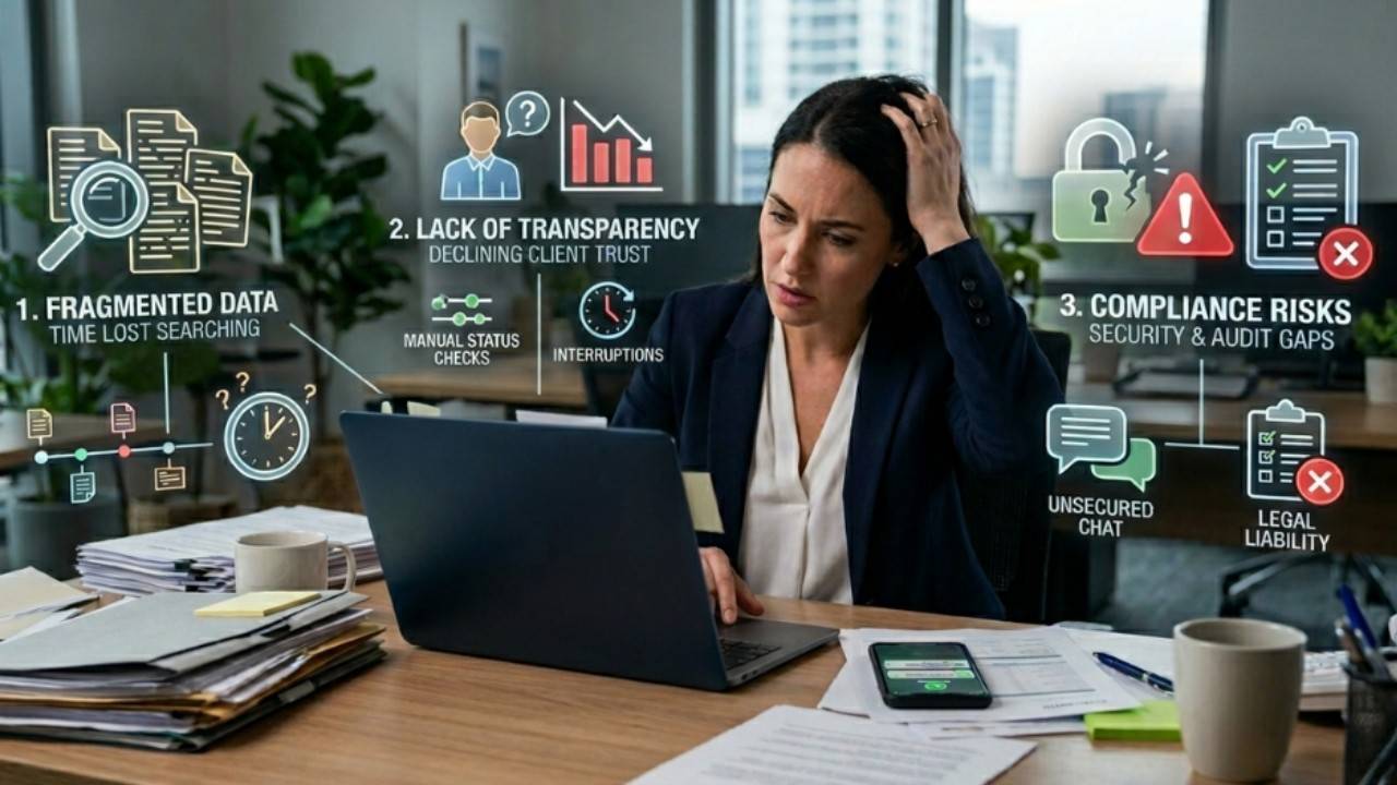 Frustrated agent facing fragmented data and compliance risks without digital solutions for real estate