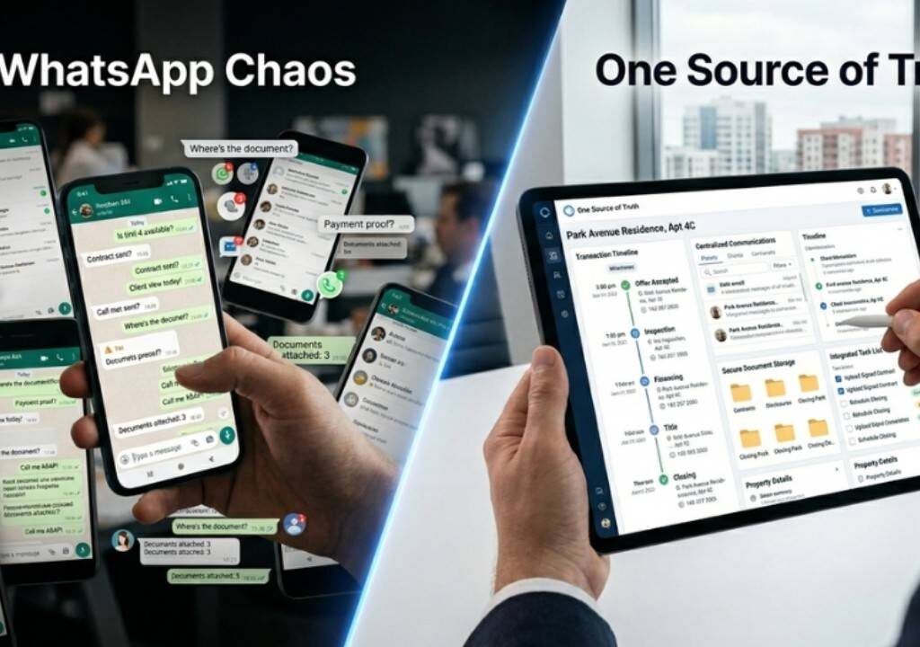 Comparison of WhatsApp chaos versus a Single Source of Truth using digital solutions for real estate