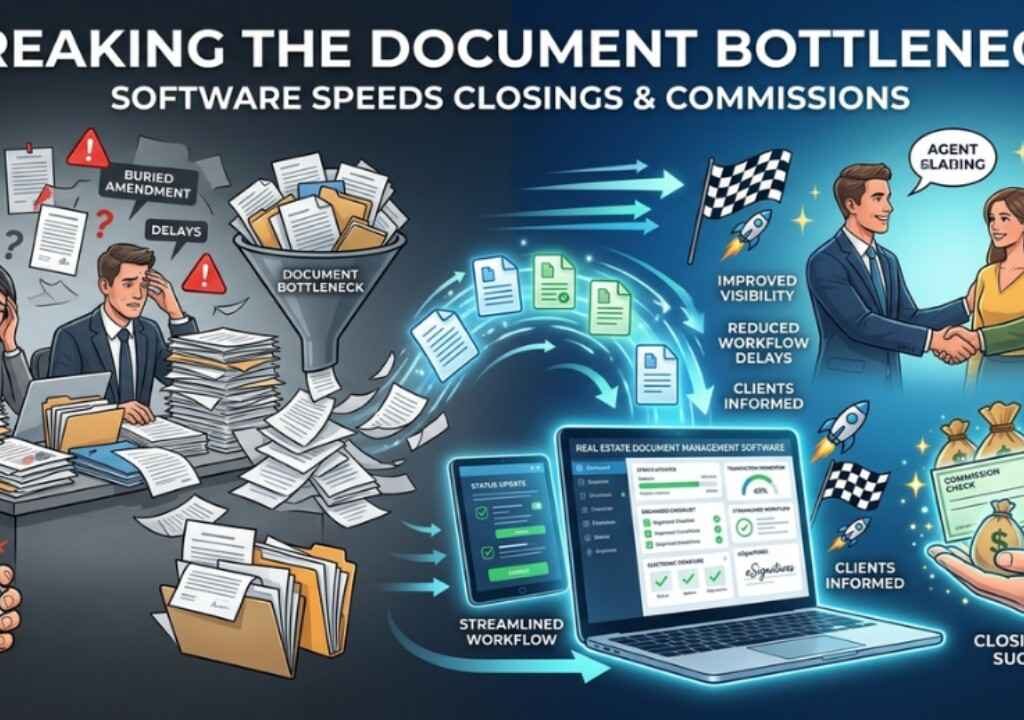 Infographic of paperwork bottlenecks transitioning to streamlined workflow via the best real estate document management software