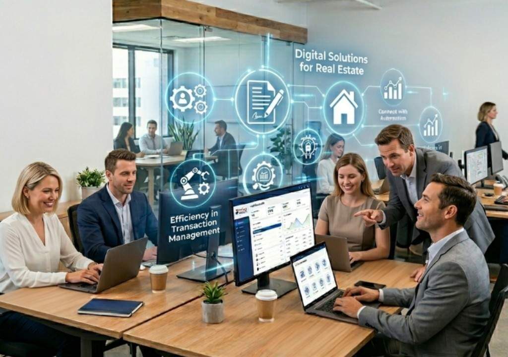 Real estate agents in a modern brokerage utilizing digital solutions for real estate to streamline transactions