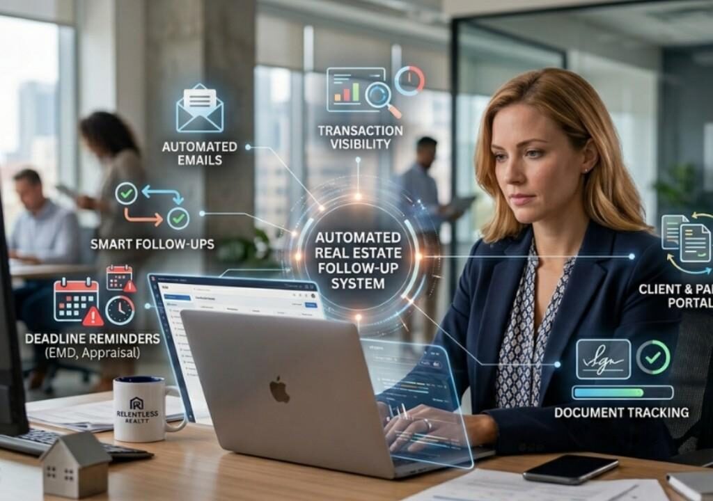 Agent using the automated real estate follow up system to streamline communication and track deal deadlines