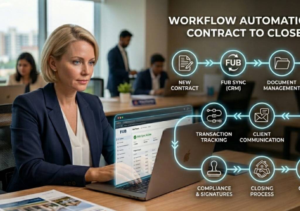 Agent using real estate software to automate the contract to close workflow with two-way FUB sync.