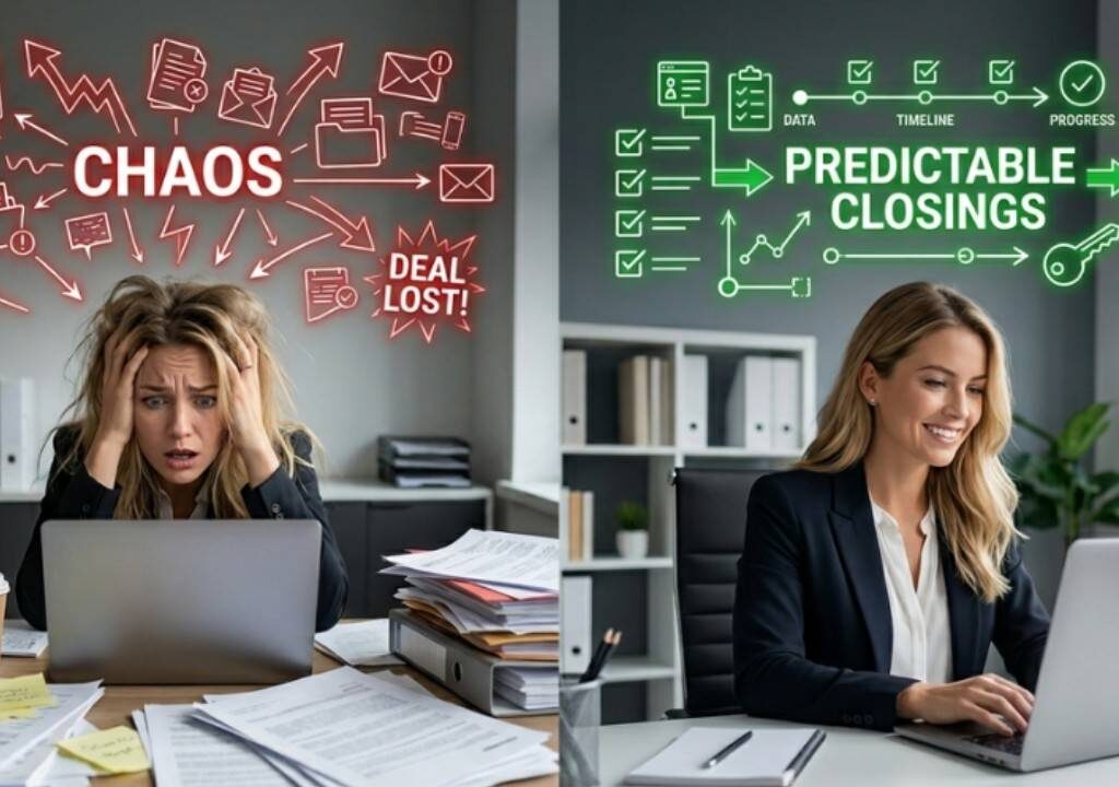 Split image comparing the chaos of messy paperwork with organized real estate pipeline software leading to predictable closings