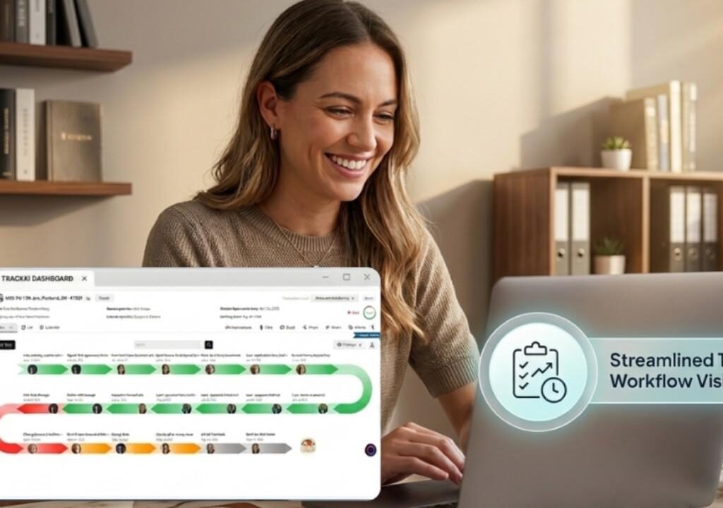 Agent using centralized real estate transaction dashboard to track deal tasks and workflow visibility.