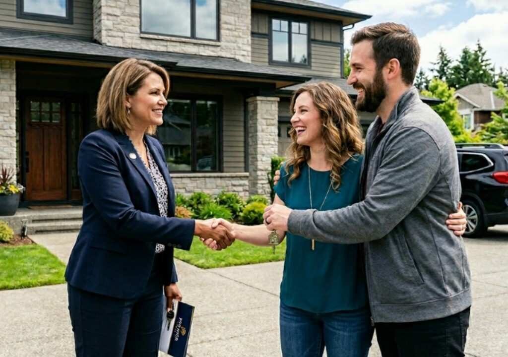 Handshake with happy clients showing successful closing via transaction management software for real estate brokers