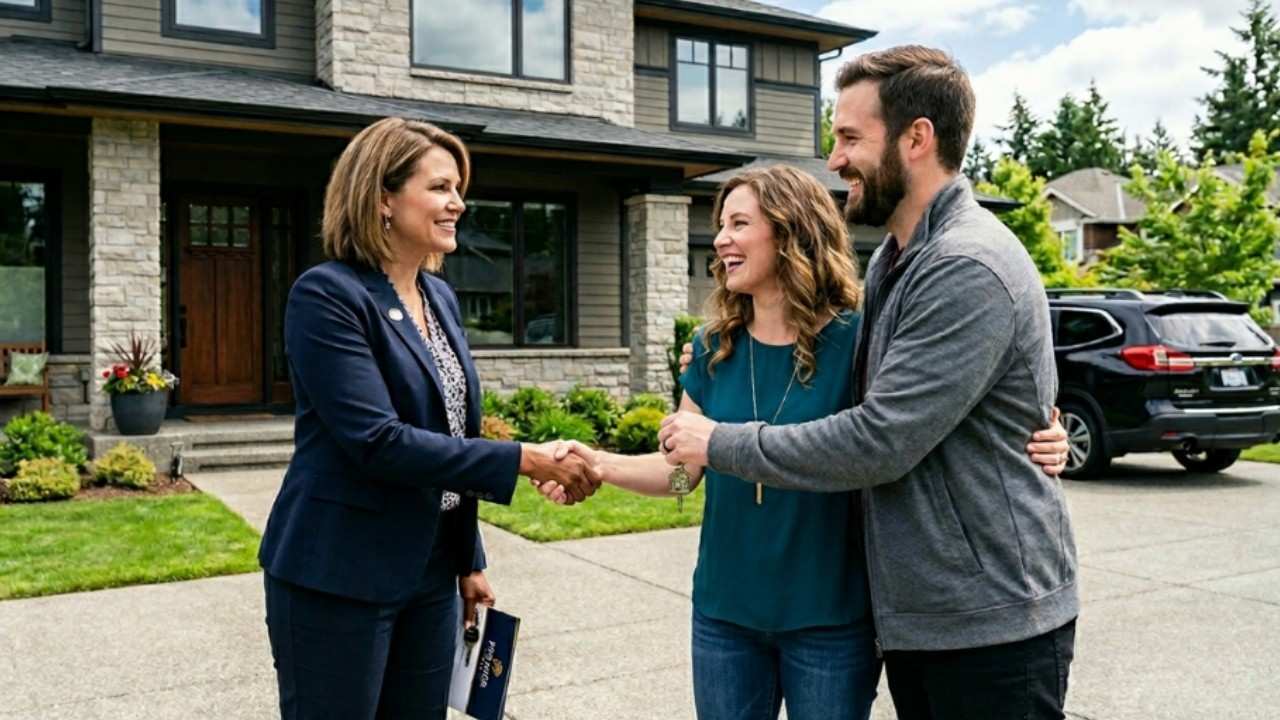 Handshake with happy clients showing successful closing via transaction management software for real estate brokers