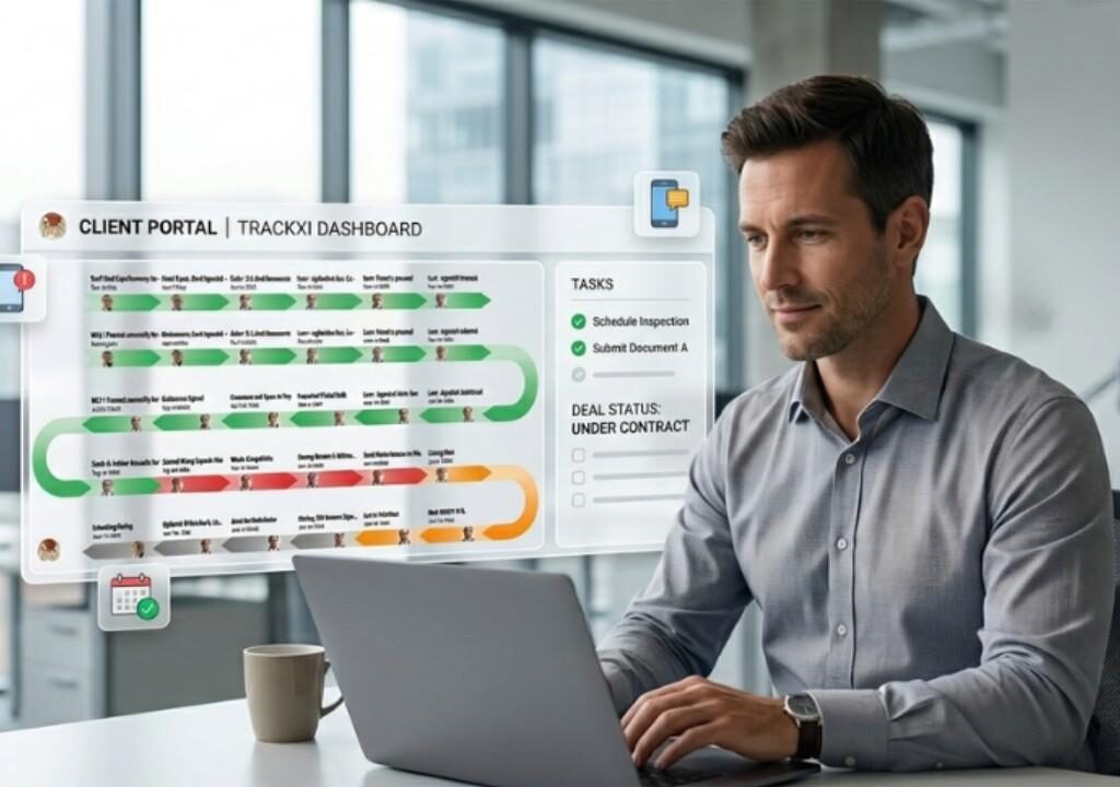 Real estate agent using Trackxi client portal for real estate to provide real-time updates to clients.