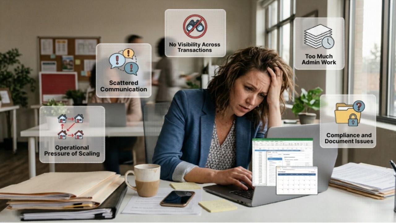 Stressed agent working in laptop and icon shows the challenges facing without real estate transaction management software