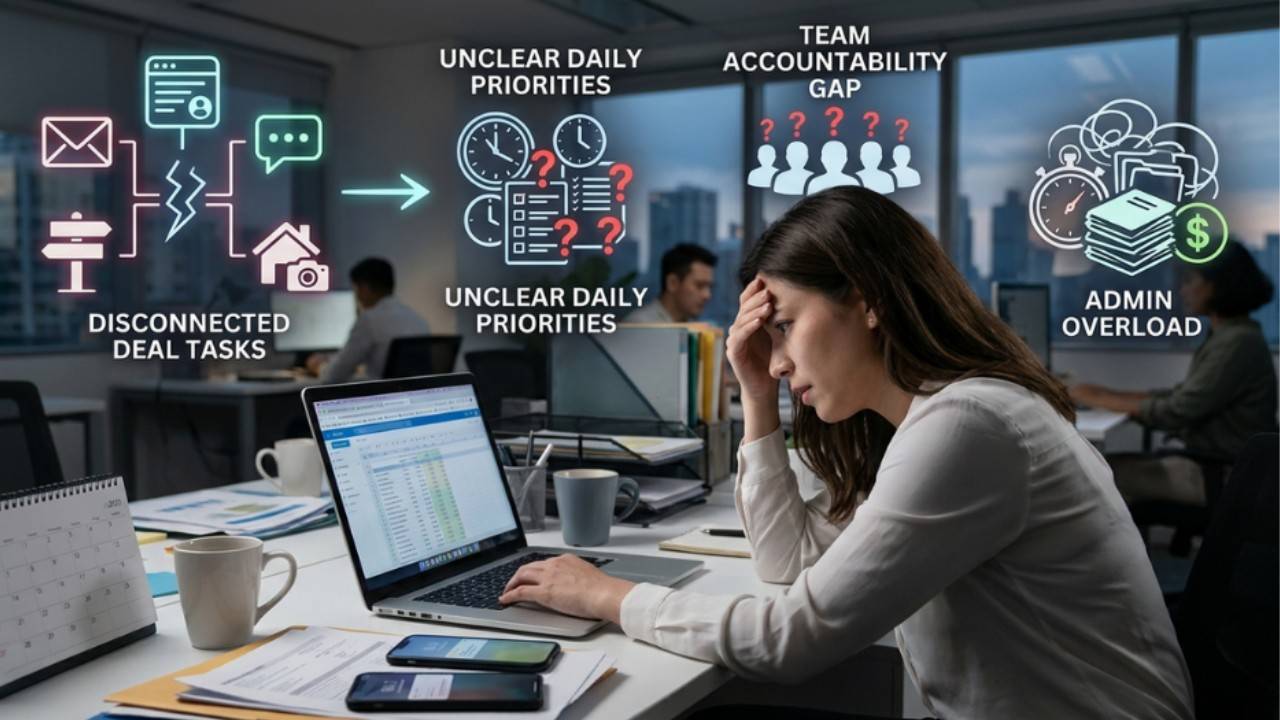 Stressed agent managing a real estate transaction across multiple systems, facing hidden administrative costs.