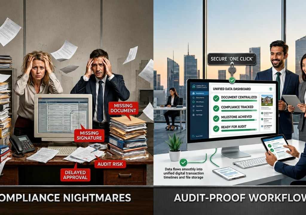 Split view of messy paperwork compliance nightmares vs streamlined audit proof workflows using real estate management software