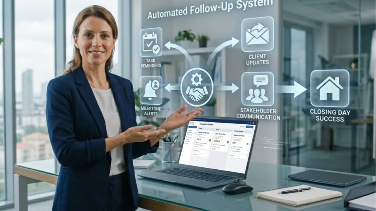Real estate follow up system diagram showing automated transactional workflows for successful closing