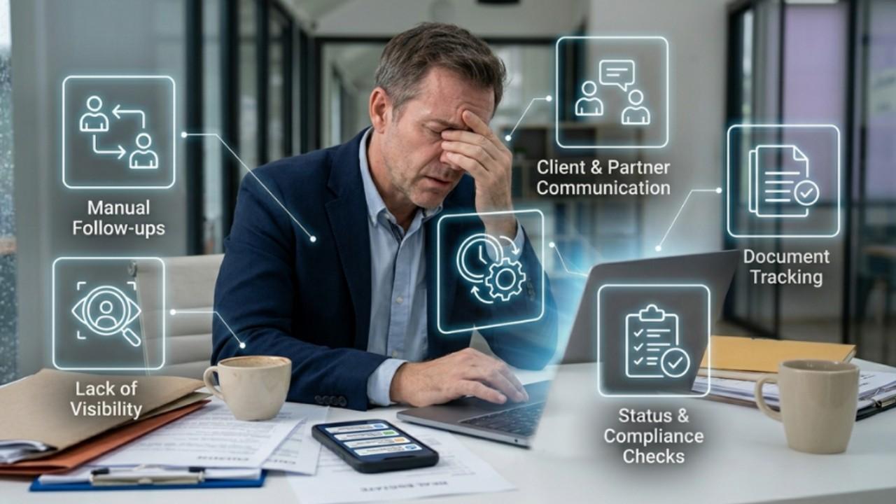 Stressed agent facing heavy administrative work without digital solutions for real estate