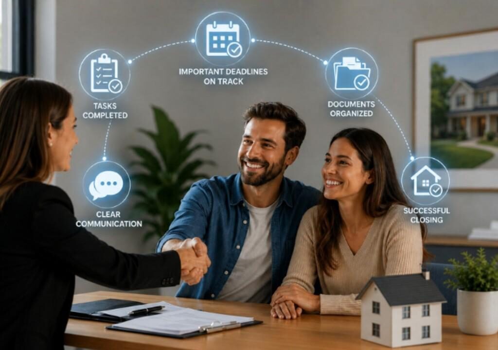 Agent shaking hands with happy clients, starting a real estate deal with a streamlined process and automated milestones.