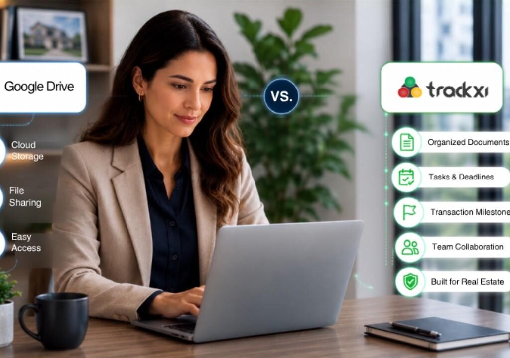 Real estate agent comparing Google Drive vs Trackxi for streamlined real estate file management.