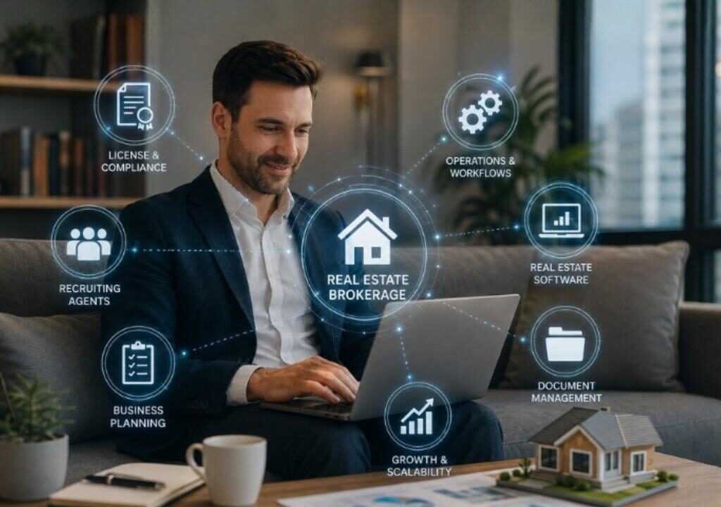 Broker working on laptop to start a real estate brokerage, with icons showing license, compliance, and planning steps.