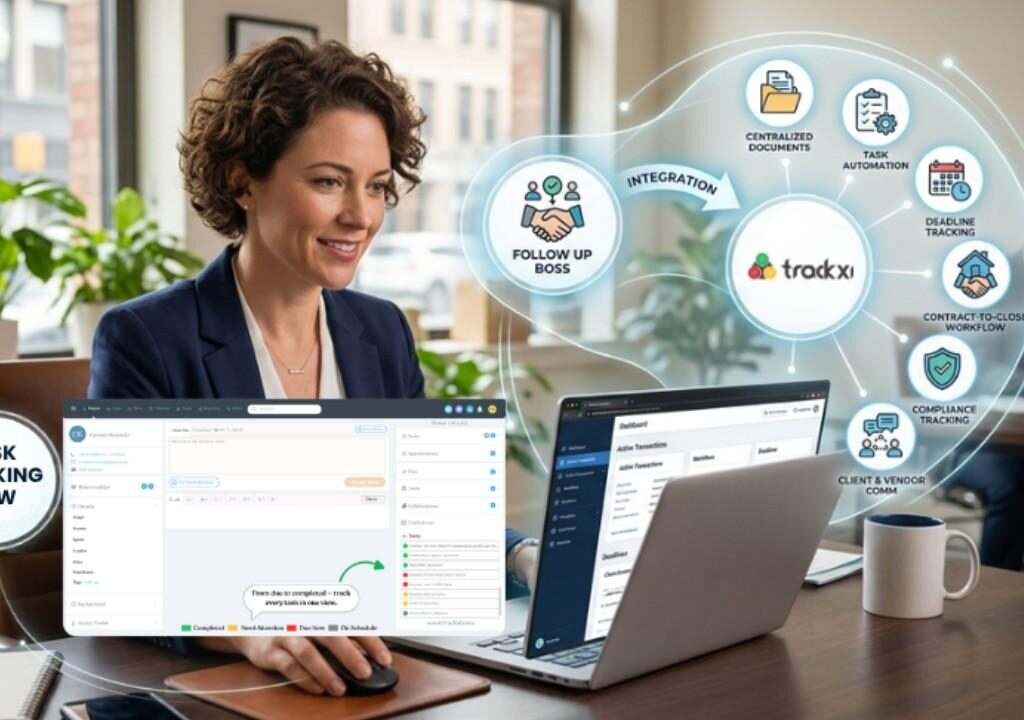 Agent using Trackxi transaction management software integrated with Follow Up Boss to streamline contract-to-close workflows.