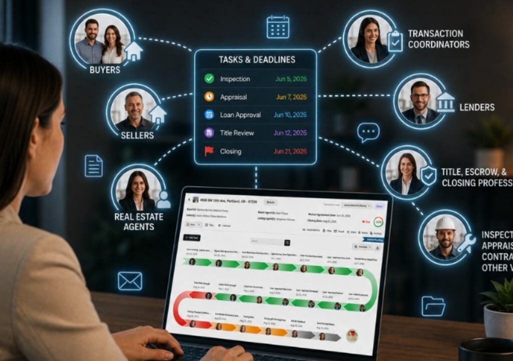 Agent using Transaction management software to keep buyer, sellers and vendors aligned in real estate transaction.